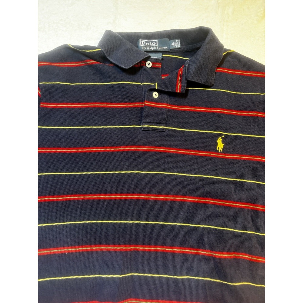 VINTAGE Polo Ralph Lauren Polo Shirt Size Large Blue Red Striped Short Sleeve‎
